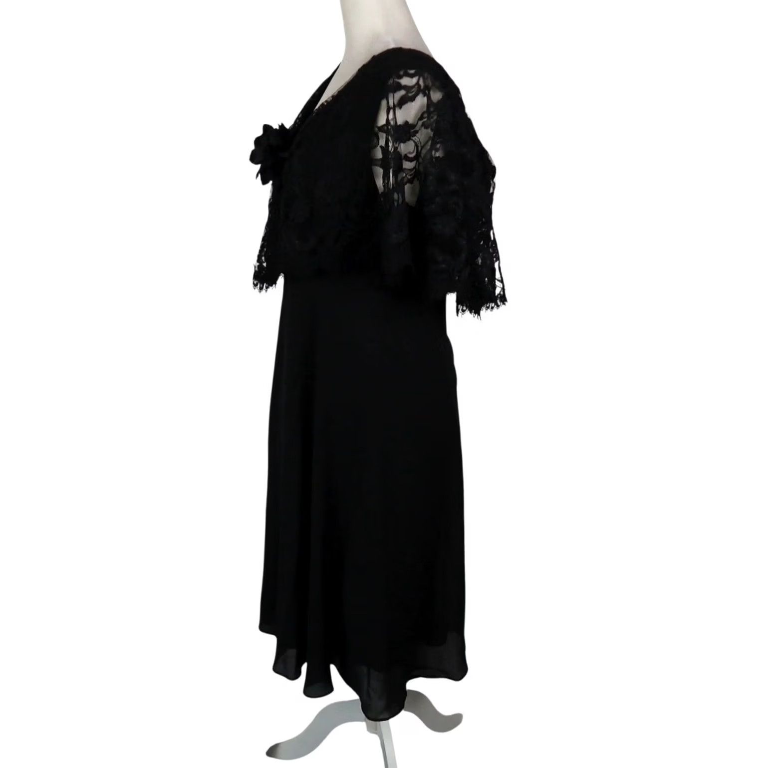 Vintage VINTAGE After Dark Black Midi Party Dress Sheer Lace Cape Overlay 12 80s A-Line Zip Womens Menus Size XL / US 12-14 / IT 48-50 - 3 Thumbnail