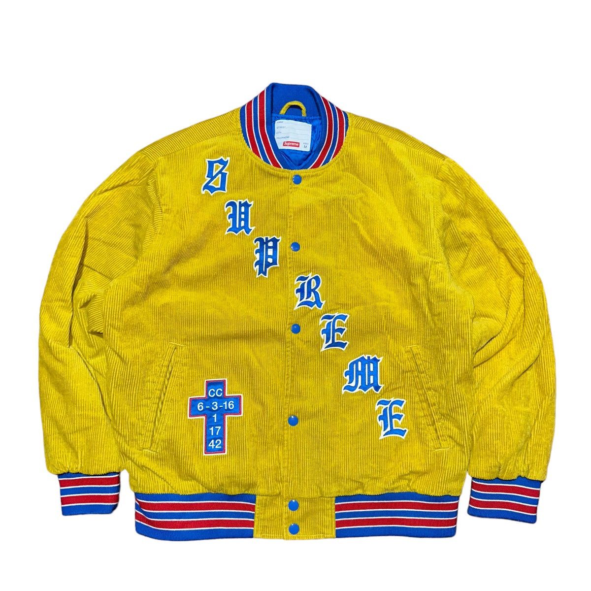 image of Hype x Supreme Ss18 Old English Corduroy Varsity Jacket in Mustard, Men's (Size Medium)