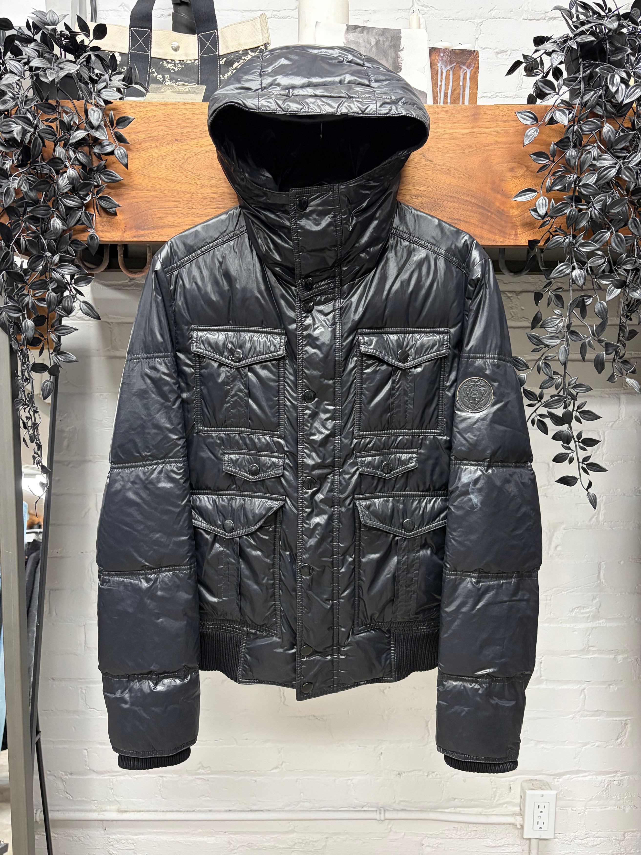 2000s Gucci by Frida Giannini Waxed Black Down Filled Jacket with Leather Crest Patch