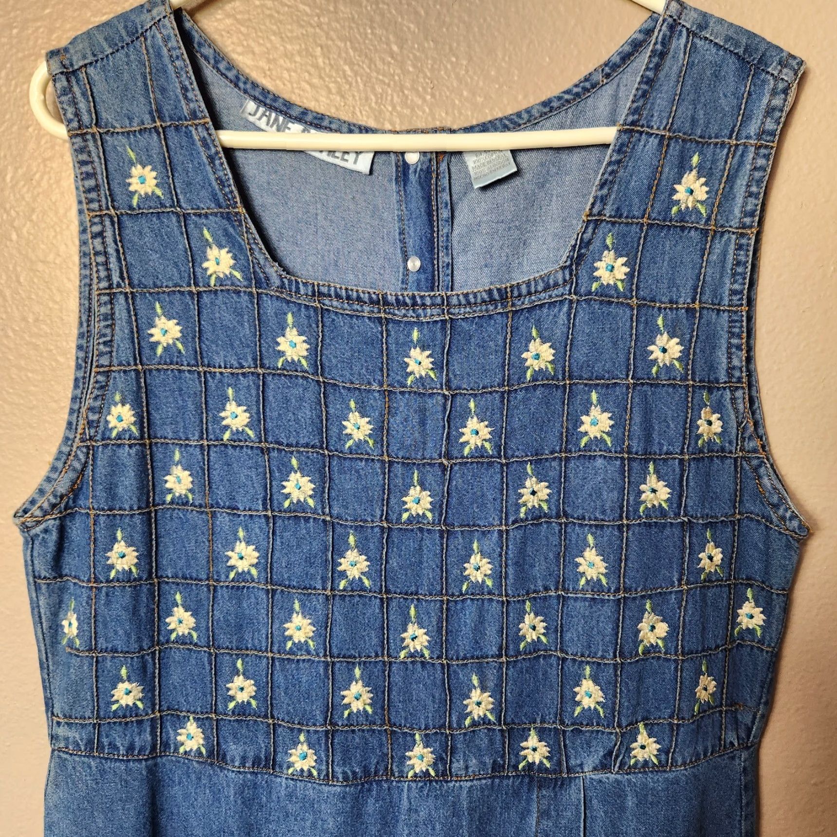 Denime VINTAGE Jane Ashley Denim Pinafore Overall Maxi Dress-Size M Blue Embroidered Floral 90s Womens Size 32" / US 10 / IT 46 - 3 Thumbnail