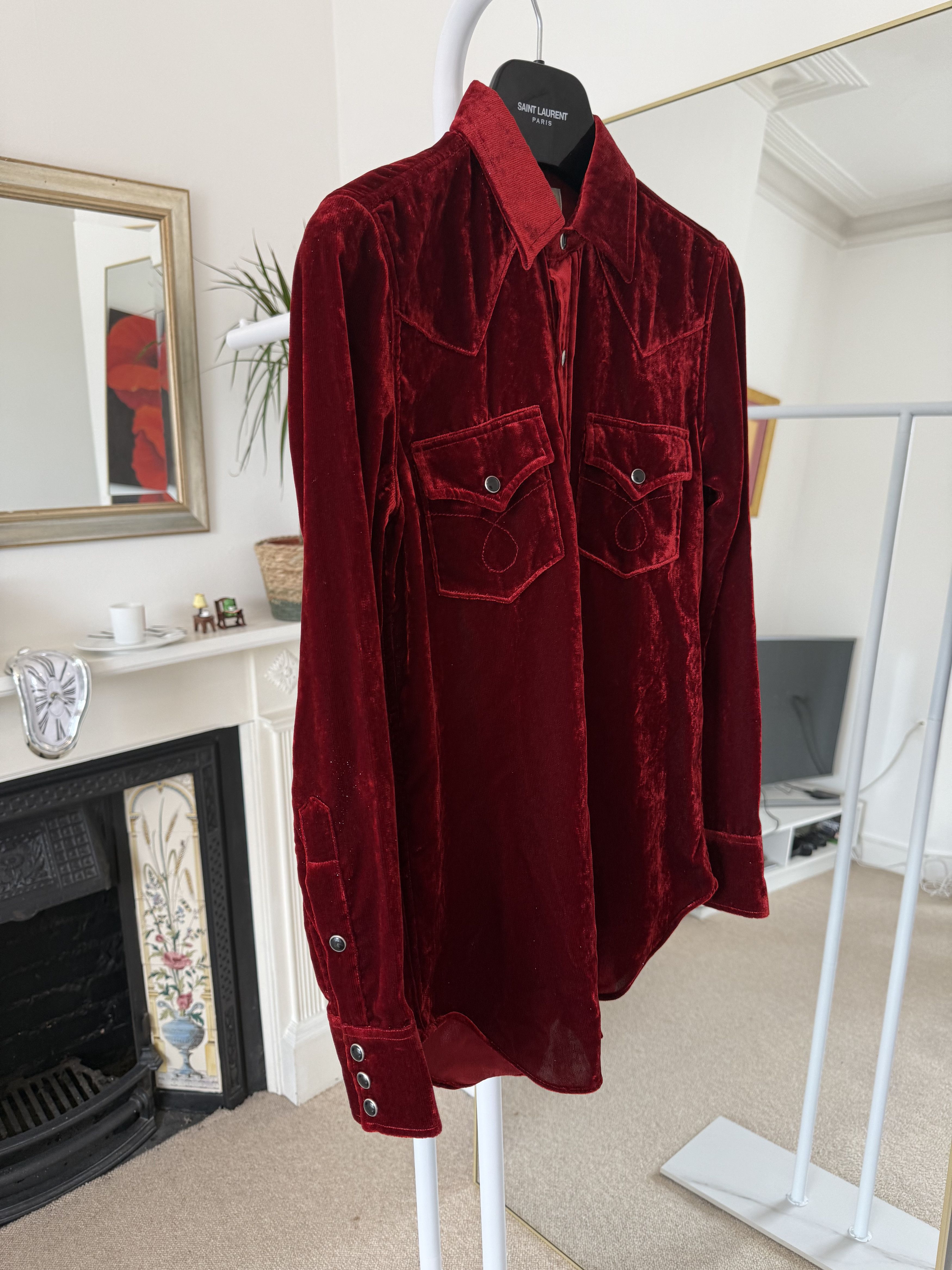 Hedi Slimane × Saint Laurent Paris FW16 Saint Laurent Glitter Red Velour Shirt Size XS / US 0-2 / IT 36-38 - 6 Thumbnail