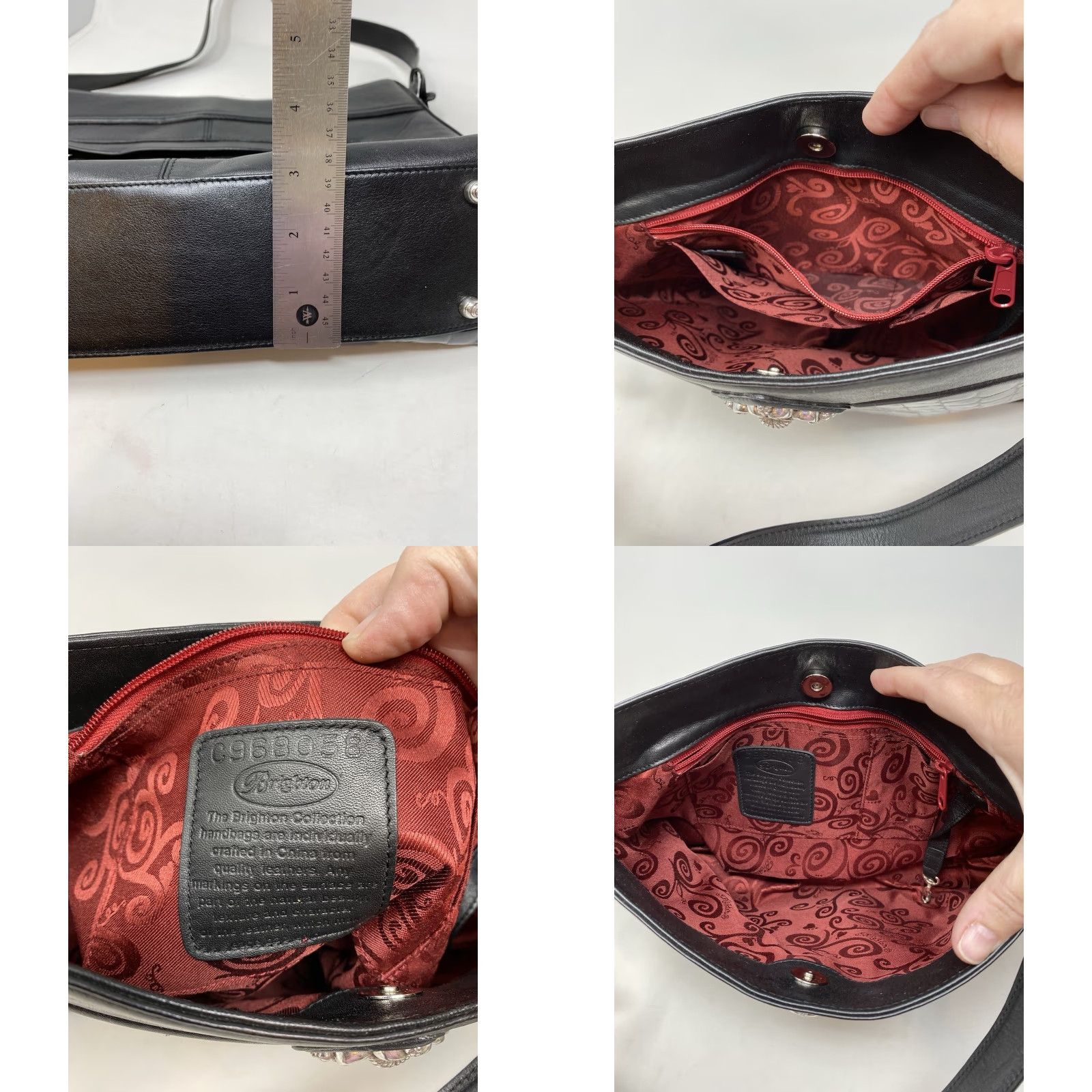 Brighton BRIGHTON Shoulder Bag Purse Black Croc Embossed Leather Silver Heart Charm Lining Red Size ONE SIZE - 8 Thumbnail