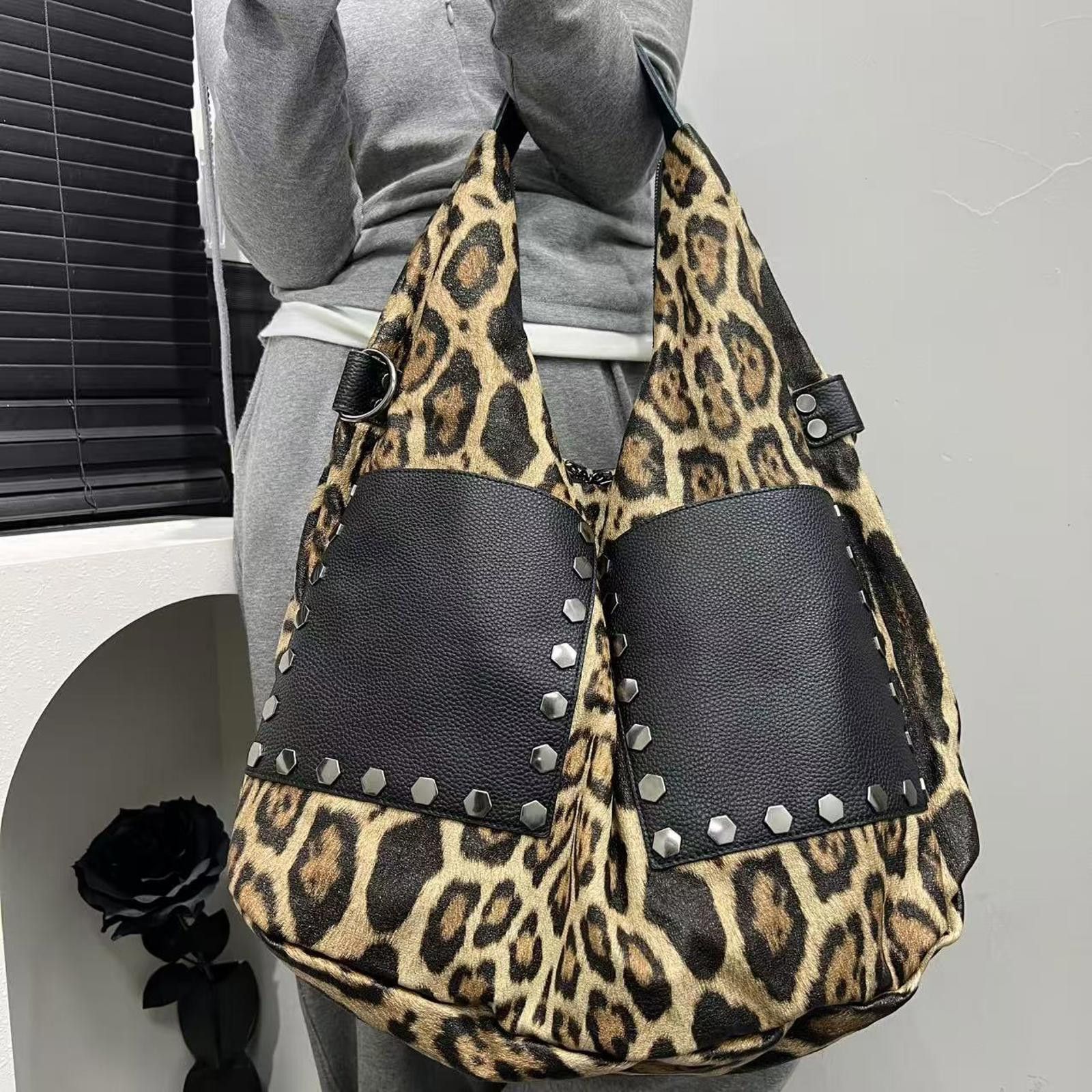 Leopard Print Large Shoulder Bag with Studded Pockets
