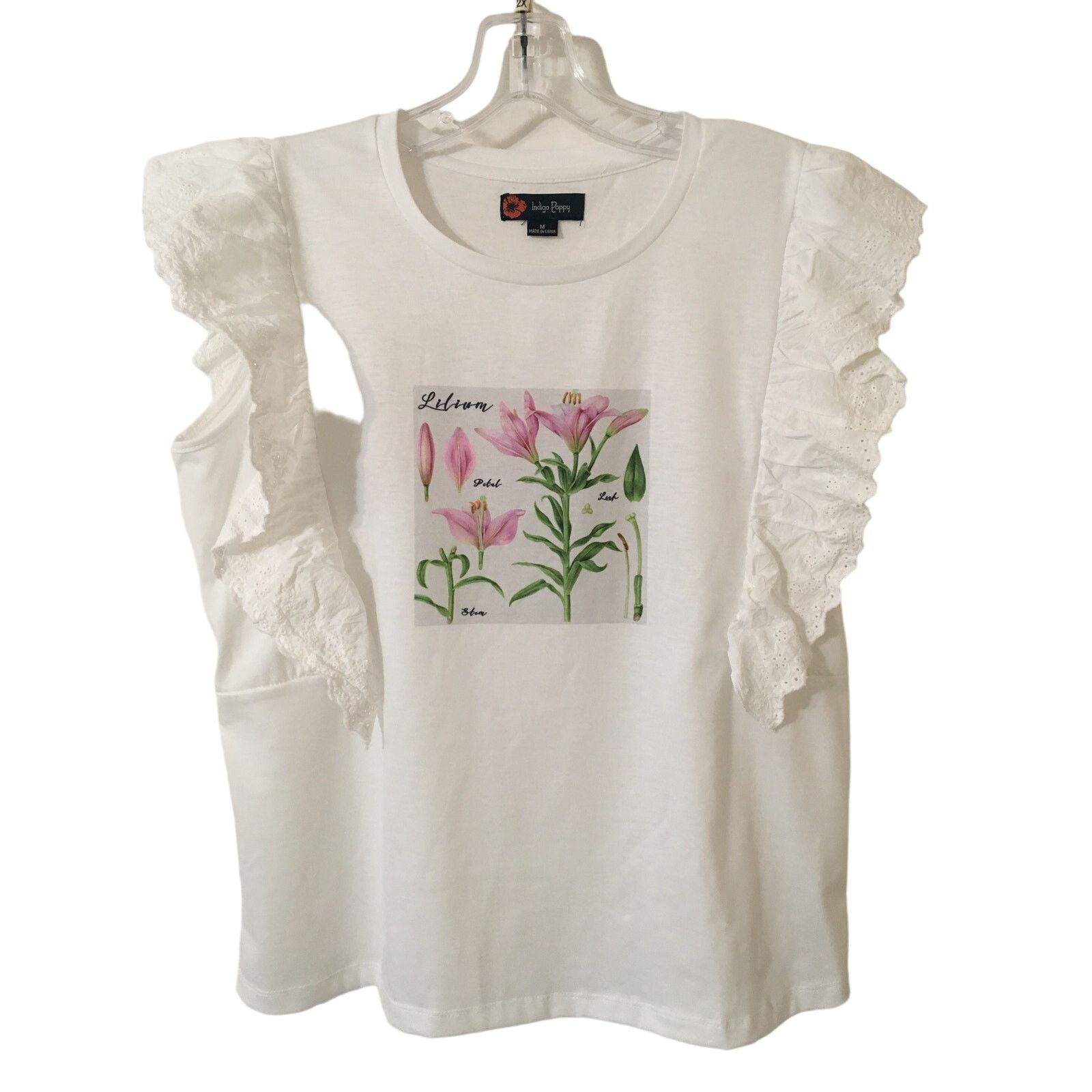 Other Indigo Poppy Medium White Blouse Pink Lillies Eyelet Sleeves Size M / US 6-8 / IT 42-44 - 5 Thumbnail