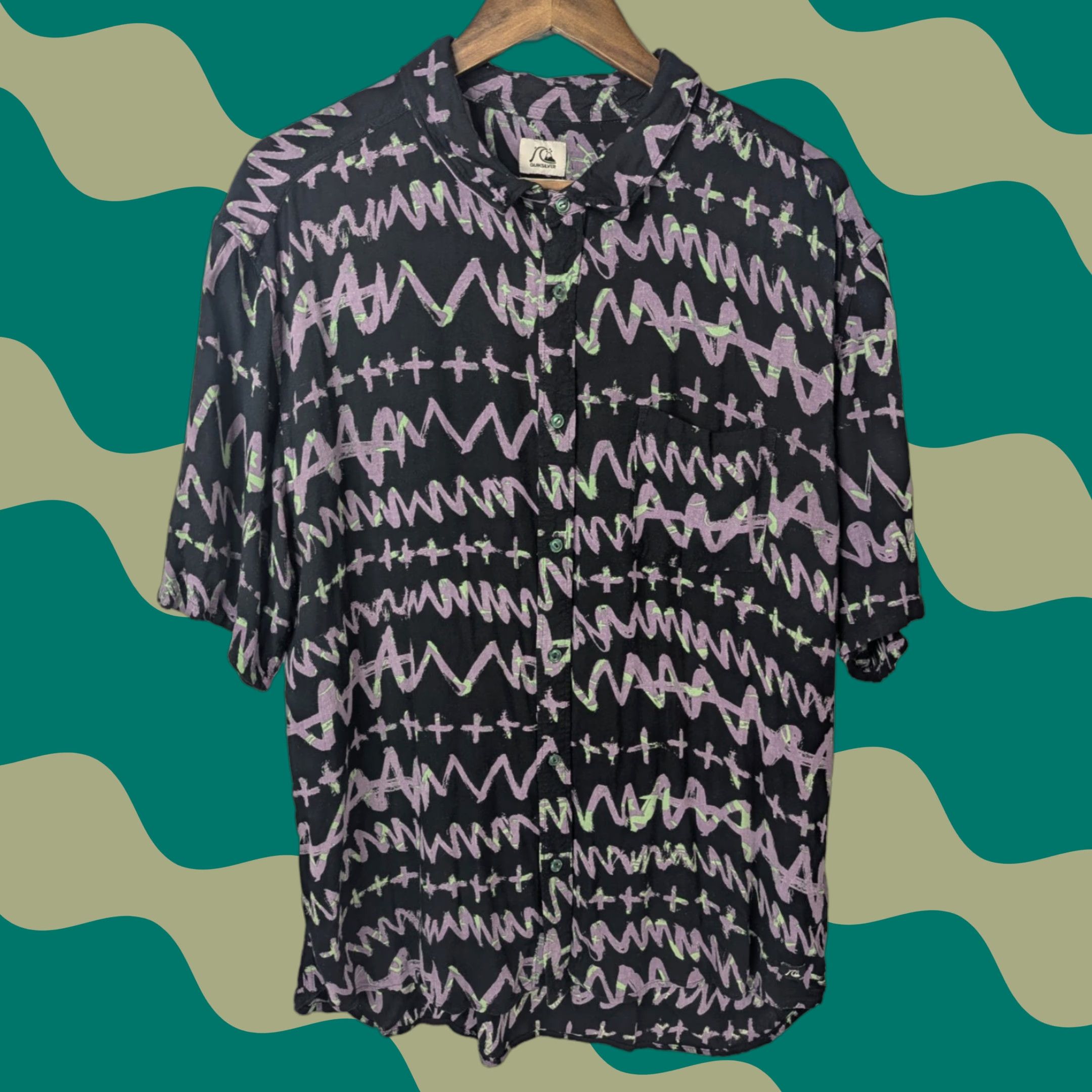 Quiksilver Quiksilver Modern Fit Shirt Mens XL Black Purple Abstract Button Up Viscose Size US XL / EU 56 / 4 - 1 Thumbnail