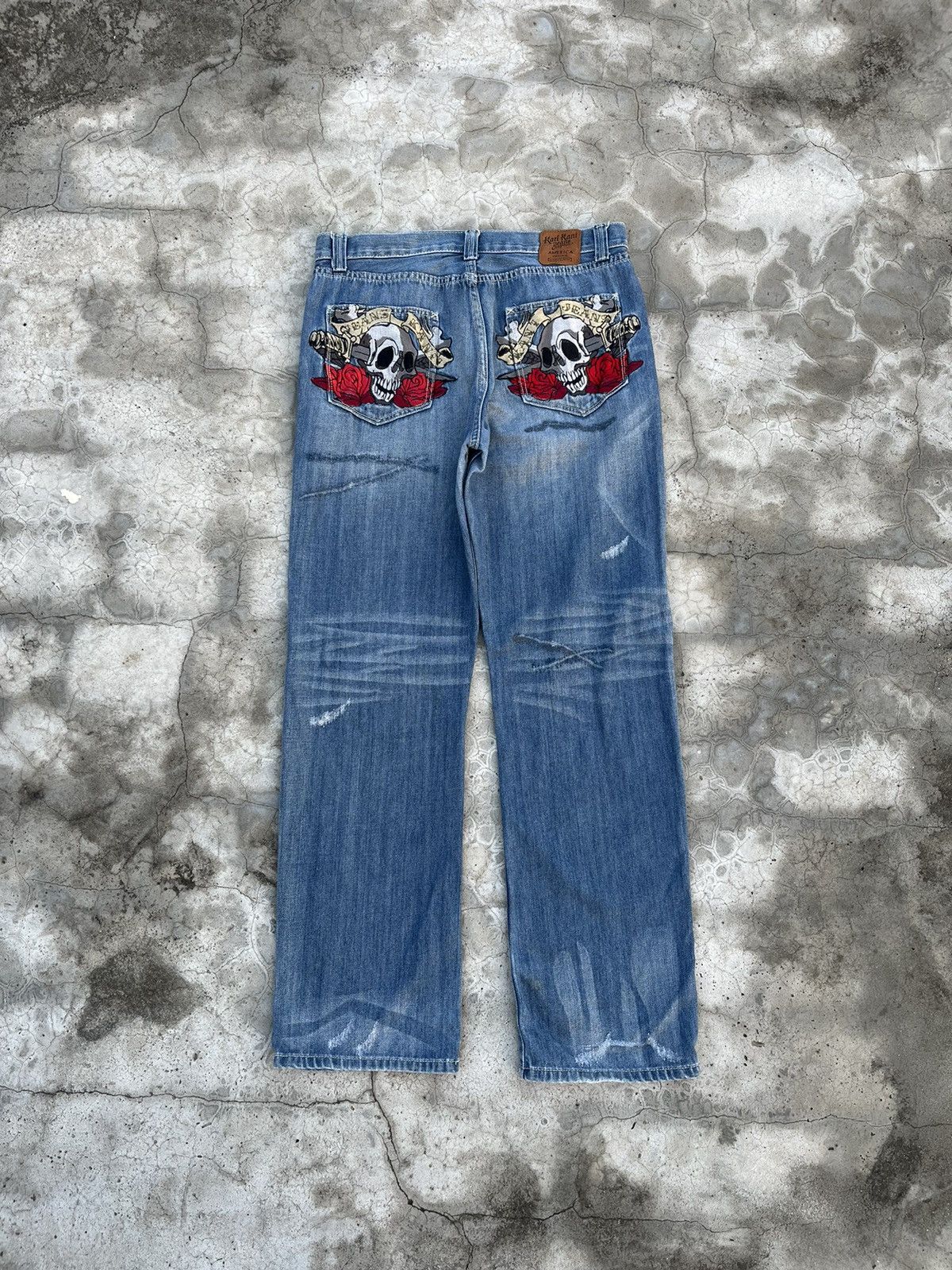 image of Jnco x Karl Kani Skull And Roses Embroidered Jean in Blue, Men's (Size 35)