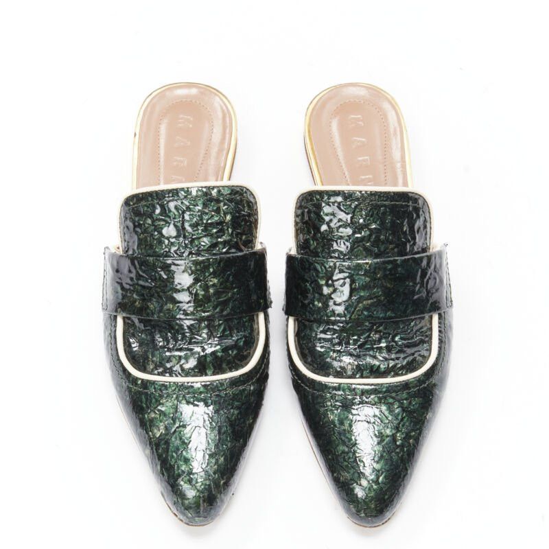 Marni MARNI green crinkled patent point toe slip on mule flats loafer EU37.5 Size US 7.5 / IT 37.5 - 1 Thumbnail