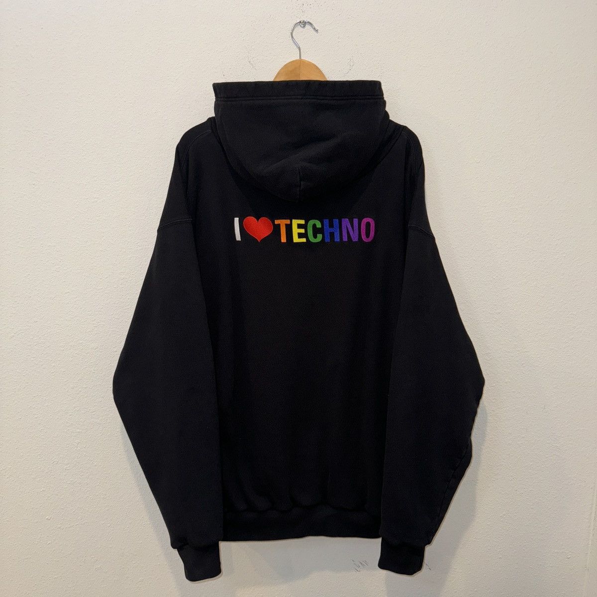 image of Ss19 Balenciaga "i Love Techno" Double Layered Hoodie in Black, Men's (Size Small)