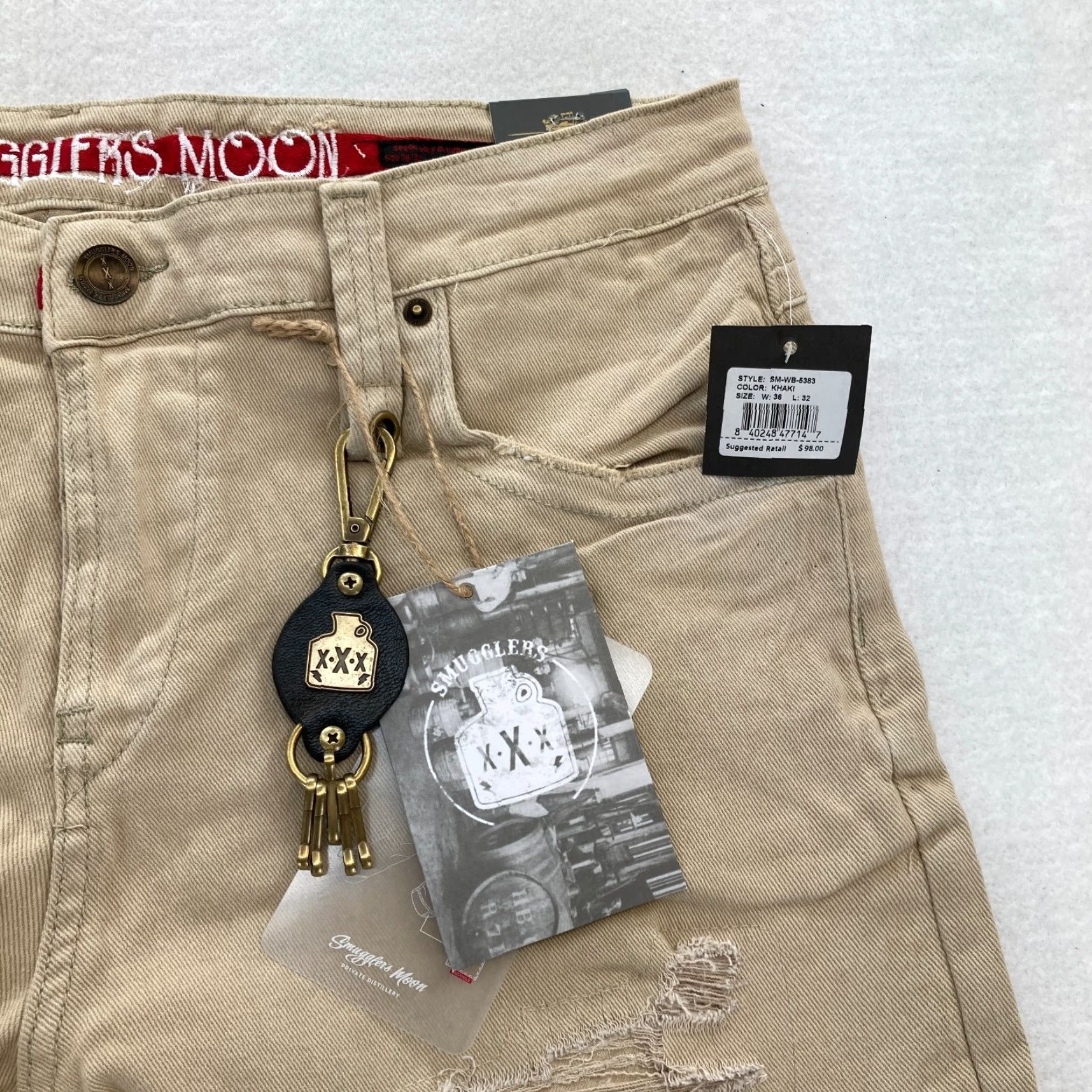 Denime Smugglers Moon Jeans Mens 36x32 Khaki Beige Denim Button Fly Roll Up Distressed Slim Skinny 5-Pocket Gothic Punk Skull Logo Denim Mens Size US 36 / EU 52 - 5 Thumbnail