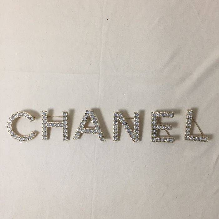 Chanel Chanel Gold Crystal Spelled Out "CHANEL" Letter Brooch Set Sku