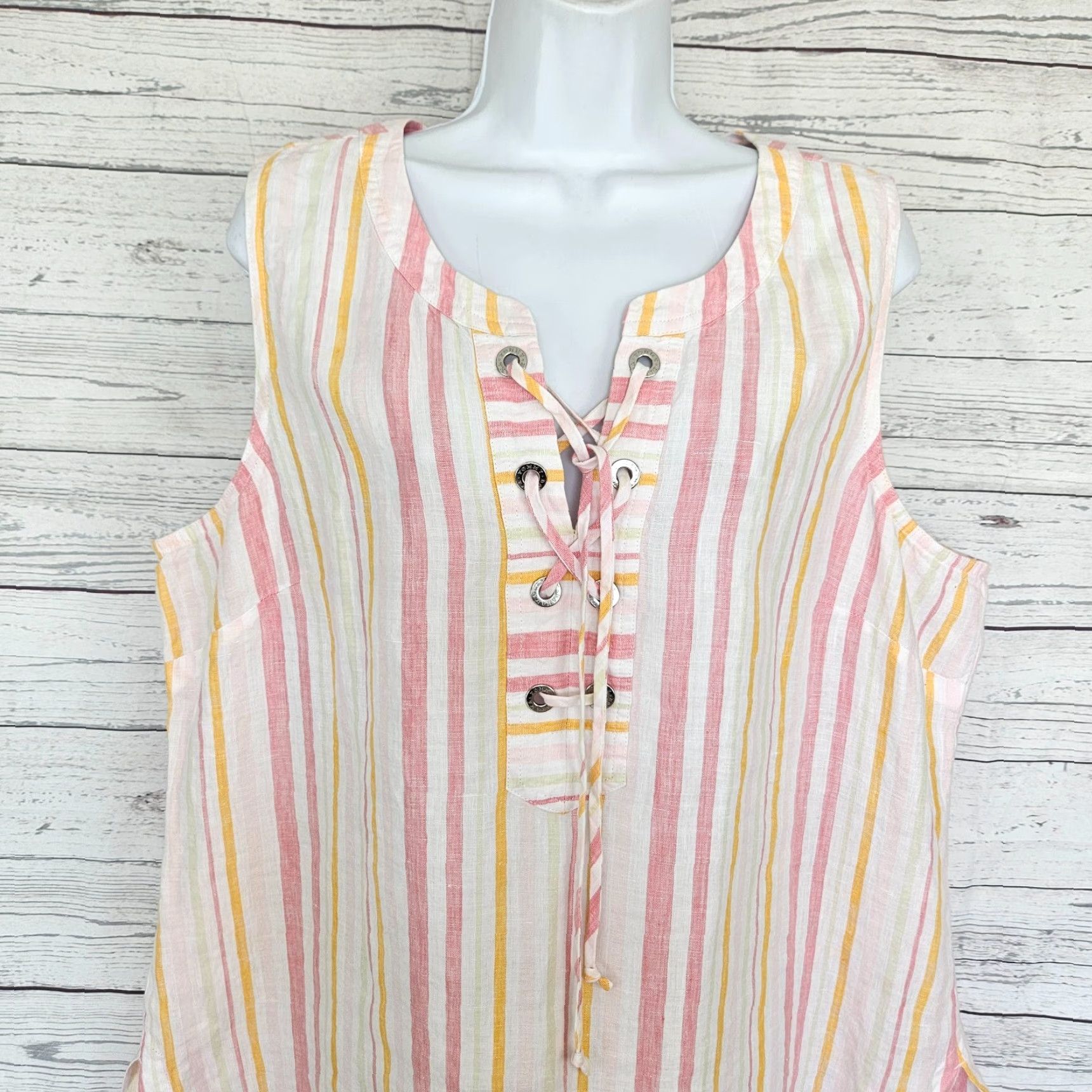 Tommy Bahama Tommy Bahama Womens Linen Top XL Pink Yellow Stripe Sleeveless Blouse Shirt/Top Size XL / US 12-14 / IT 48-50 - 2 Thumbnail