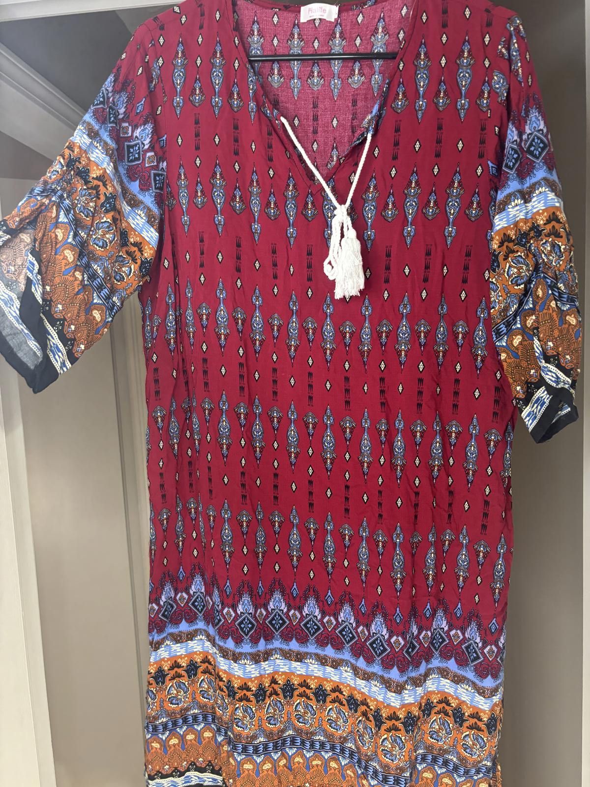 Designer Halife Boho Chic Tunic Dress - Vibrant Red & Colorful Print Size L / US 10 / IT 46 - 1 Thumbnail