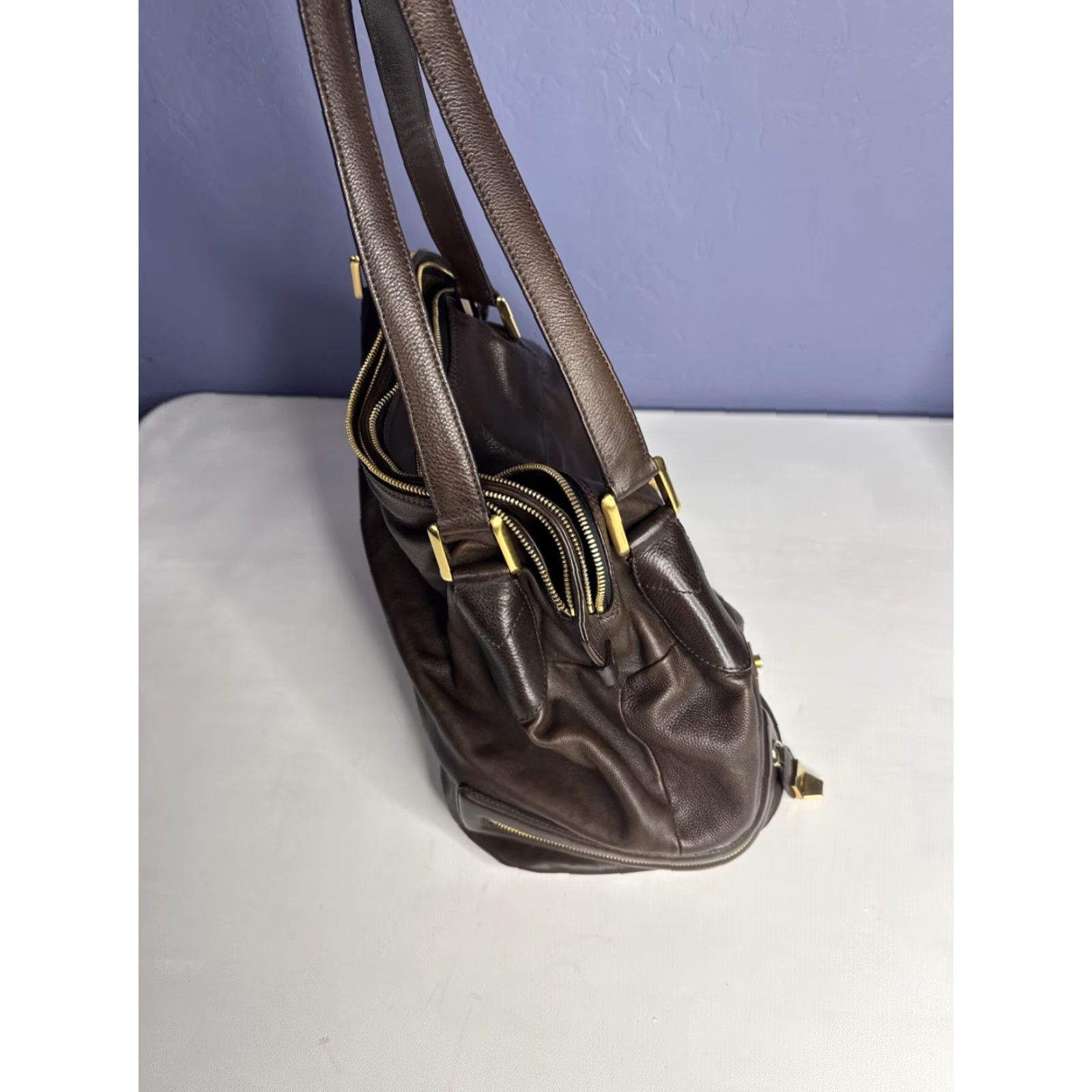 Vintage Chole Shoulder Bag Brown Leather Calfskin Cary Zipped Purse Gold Accents Women Medium? Size ONE SIZE - 6 Thumbnail