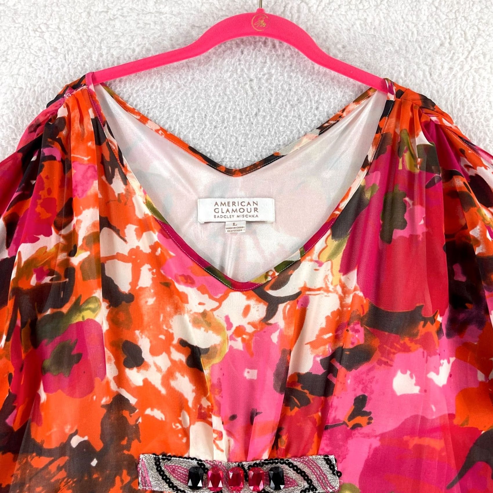 Badgley Mischka American Glamour Badgley Mischka Tunic Shirt Womens Large Orange Floral V-Neck Size L / US 10 / IT 46 - 2 Thumbnail
