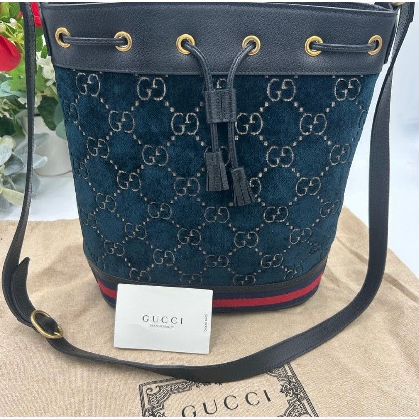 Gucci Gucci OPHIDIA blue velvet bucket bag with leather trim Size ONE SIZE - 3 Thumbnail