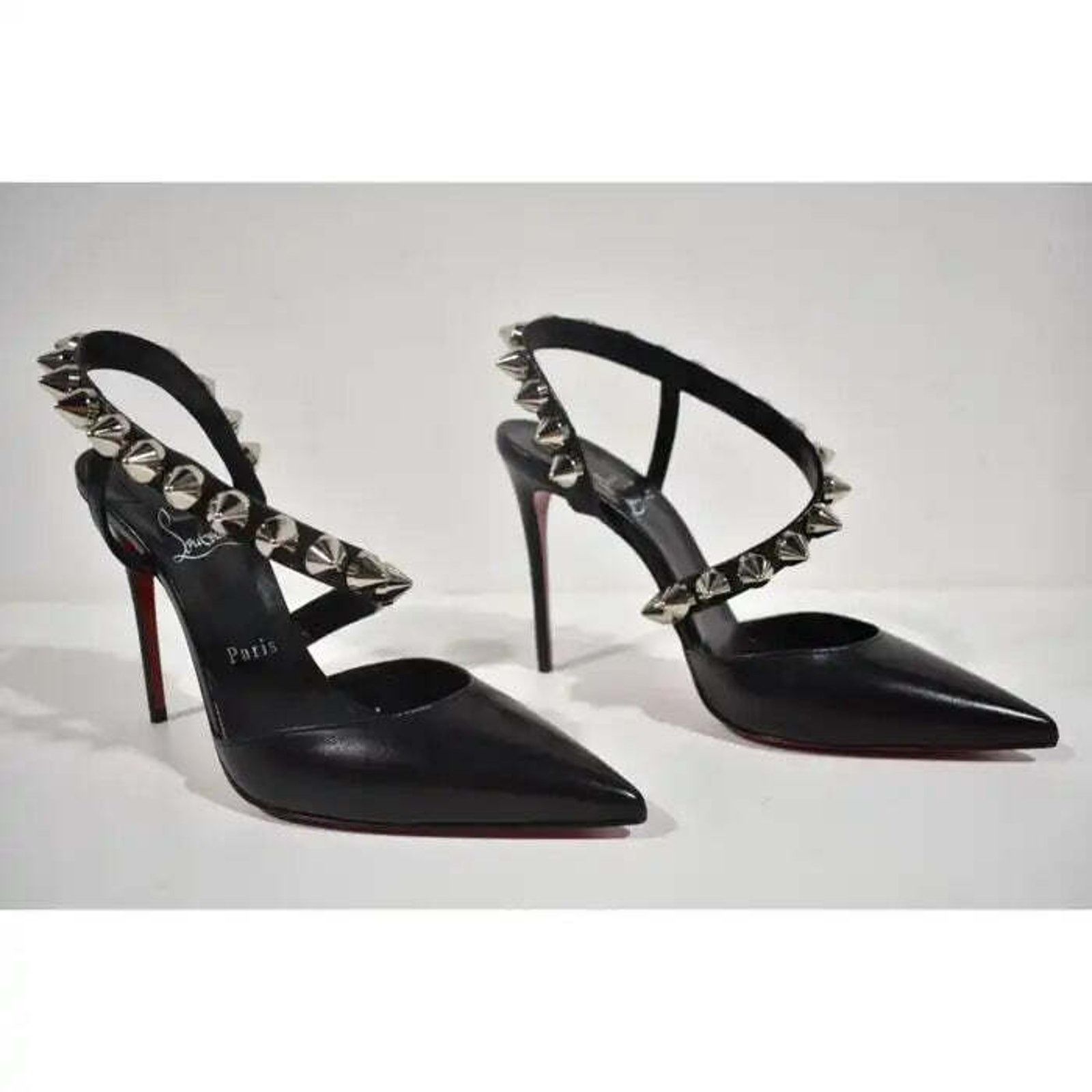Christian Louboutin Spikita Pump 100 Black Silver Spike Strappy Sandal Heel 39 Size US 9 / IT 39 - 4 Thumbnail
