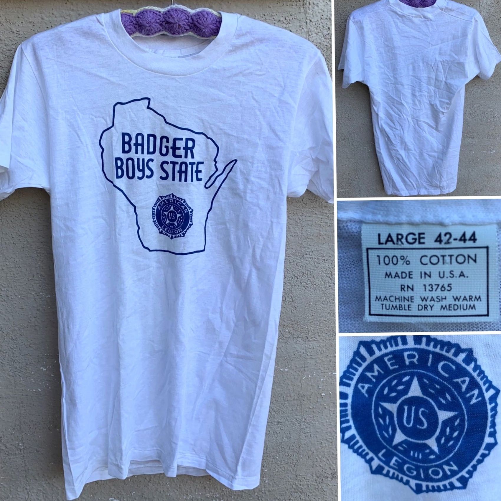 Vintage VINTAGE Badger Boys State American Legion US T Shirt Thin Single Stitch RN 13765 Mens L White 100% Cotton Short Sleeve Made in USA Size L Size US L / EU 52-54 / 3 - 2 Thumbnail