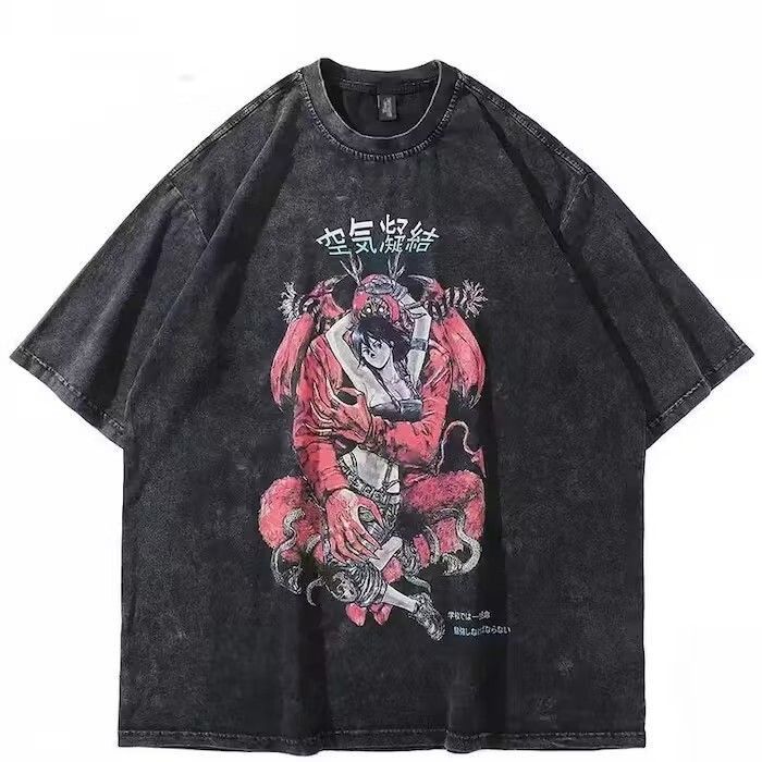 image of Vintage Cartoon Monster Graphic Print Oversized Tee T-Shirt in Grey, Men's (Size XL)