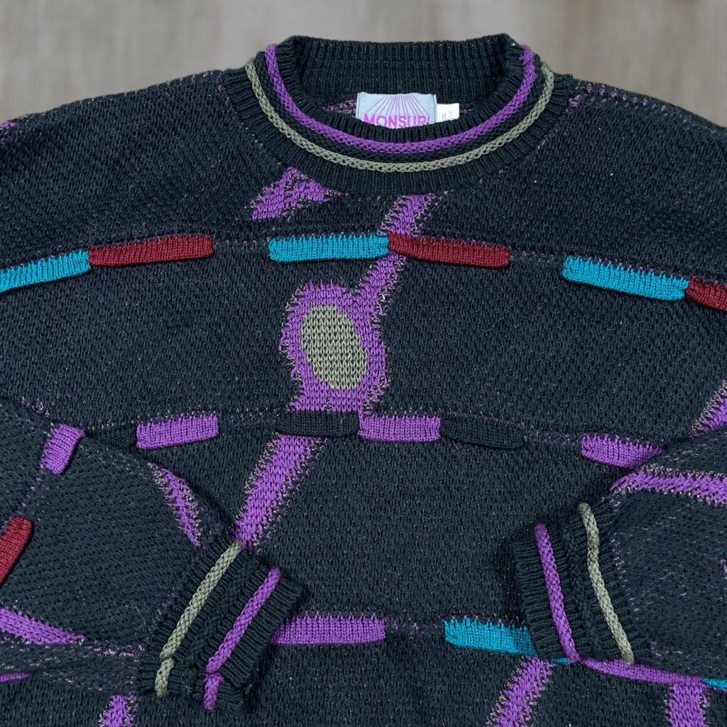 VINTAGE Grandpa Sweater Men XL Black Purple Geometric 3D Knit Textured 90s