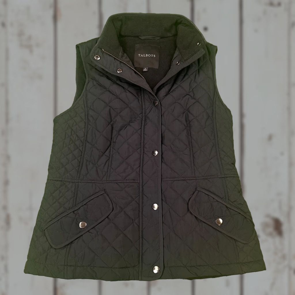 Talbots Talbots Womens Vest Full Zip Button Diamond Puffer Quilted Fleece Interior Argyle Diamond Black Small Regular Size S Size S / US 4 / IT 40 - 1 Thumbnail