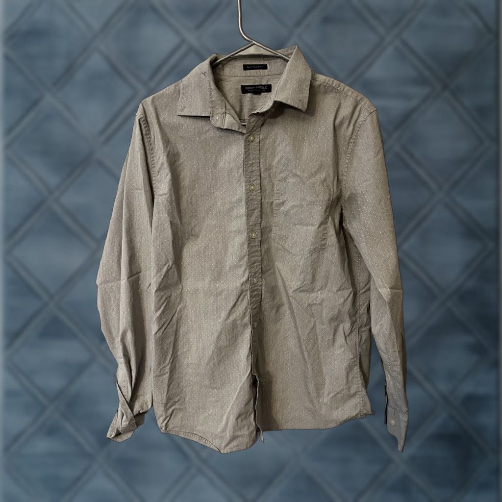 Banana Republic Men’s Medium Slim Flex Fit Button Down Long Sleeve Gray Polka Dot Size US M / EU 48-50 / 2 - 1 Thumbnail