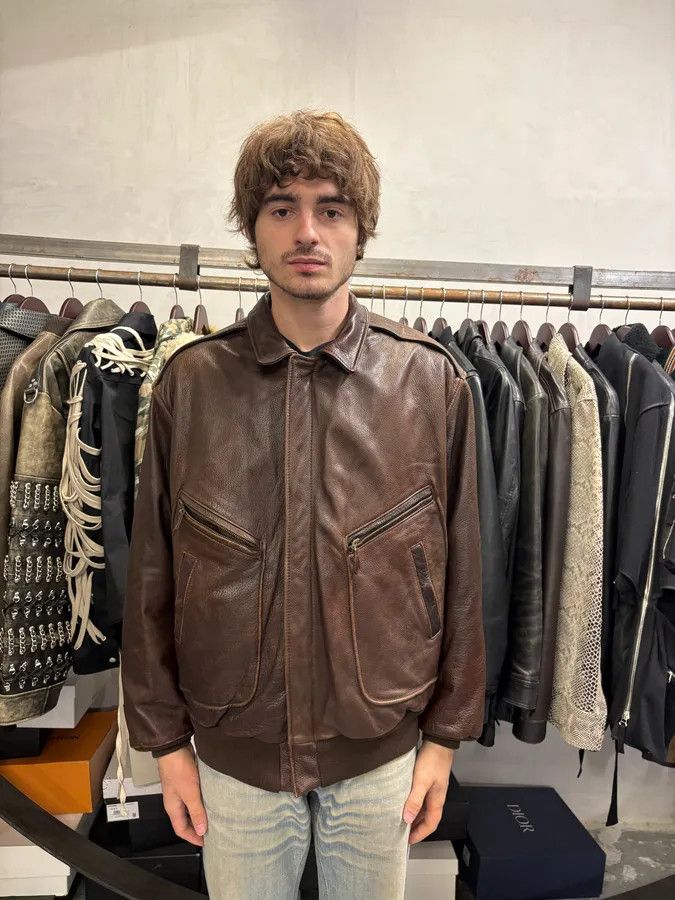 1990s Emporio Armani Brown Bomber Leather Jacket