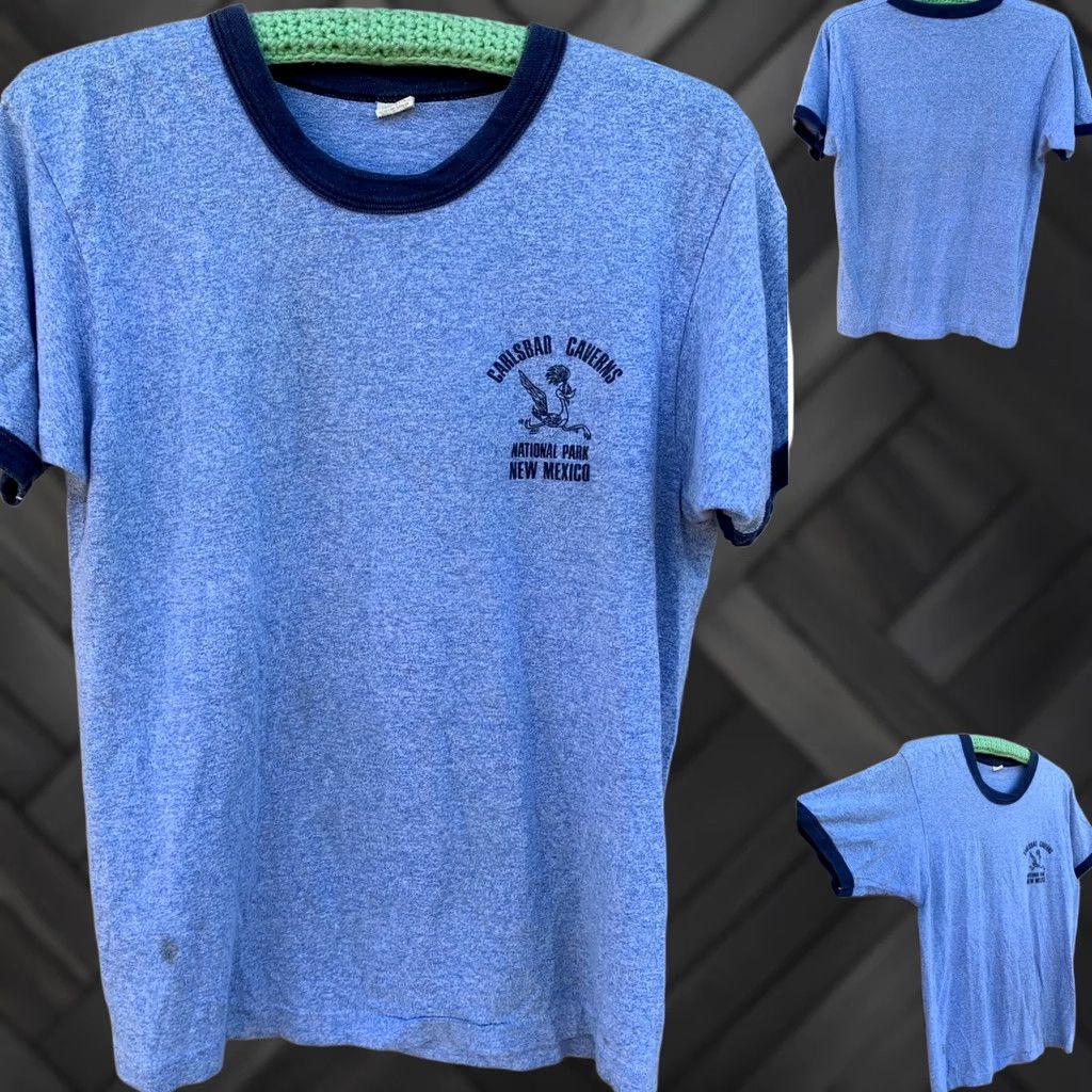 Vintage VINTAGE Screen Stars Carlsbad Caverns National Park New Mexico ringer tee roadrunner graphics Blue L 1980s Unisex Size US L / EU 52-54 / 3 - 1 Thumbnail