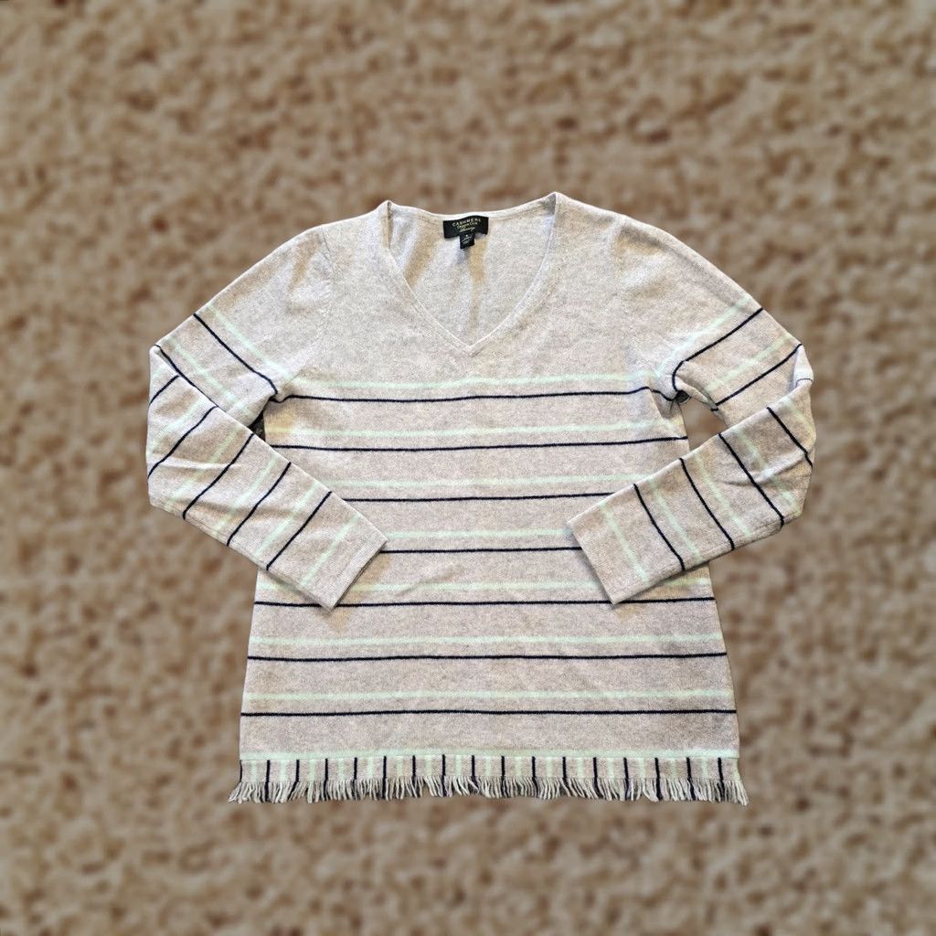 Charter Club Charter Club Sweater Womens Size Small Gray Cashmere Striped Fringe Soft Cozy Size S / US 4 / IT 40 - 1 Thumbnail