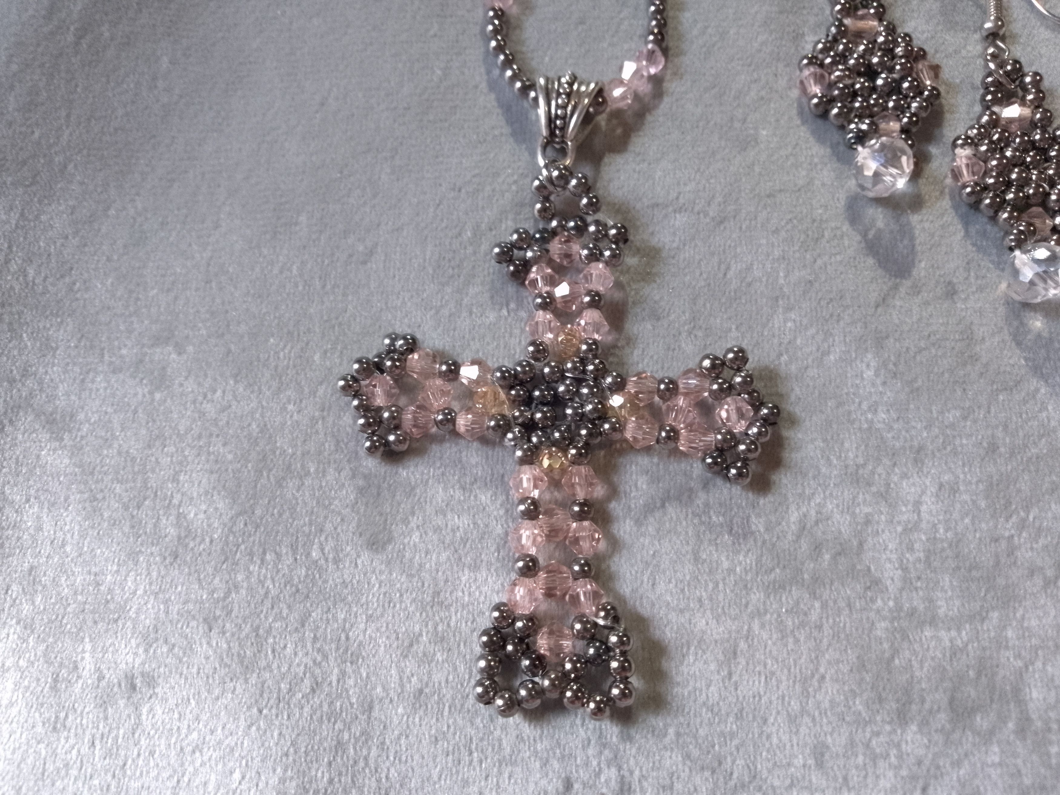 Handmade Necklace with cross pendant Earrings. Pink crystal+ brass Size ONE SIZE - 5 Thumbnail