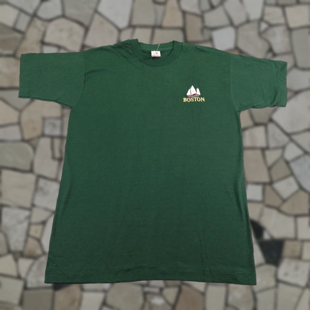 VINTAGE Boston Nautical T-Shirt Men Large Green 90s Sailboat Logo Cotton Short Sleeve