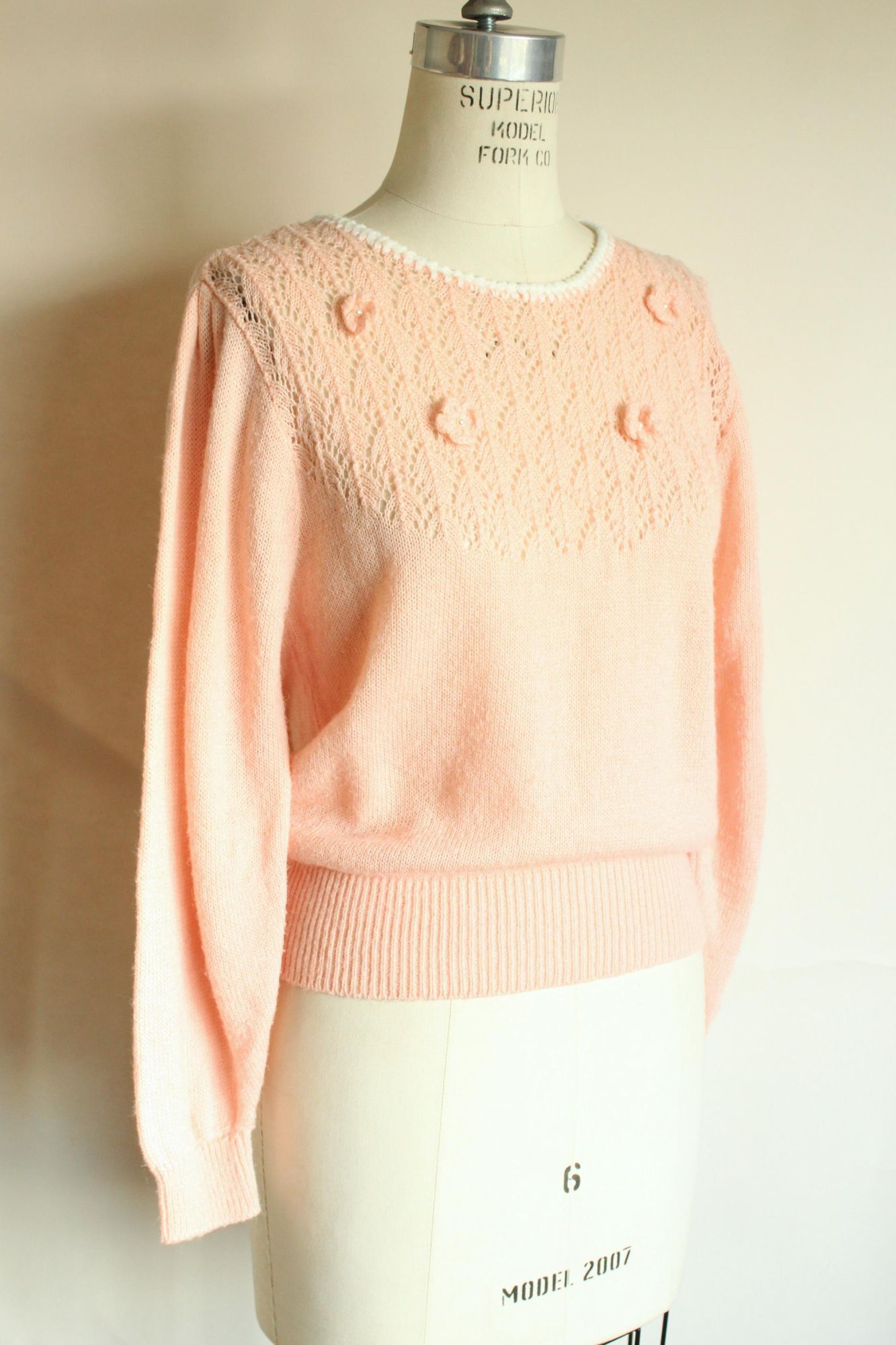 Vintage Vintage 1980s Sweater, Rt Mind Pink Pointelle Knit Pullover, Size M / US 6-8 / IT 42-44 - 6 Thumbnail