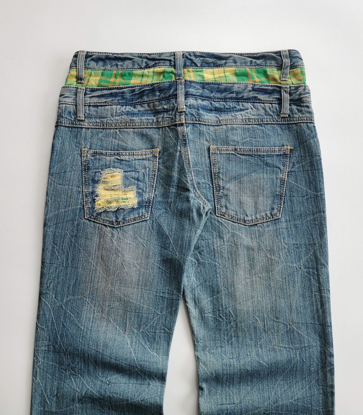 Japanese Brand Double Waist Patchwork Green Denim Jeans Size US 32 / EU 48 - 6 Thumbnail