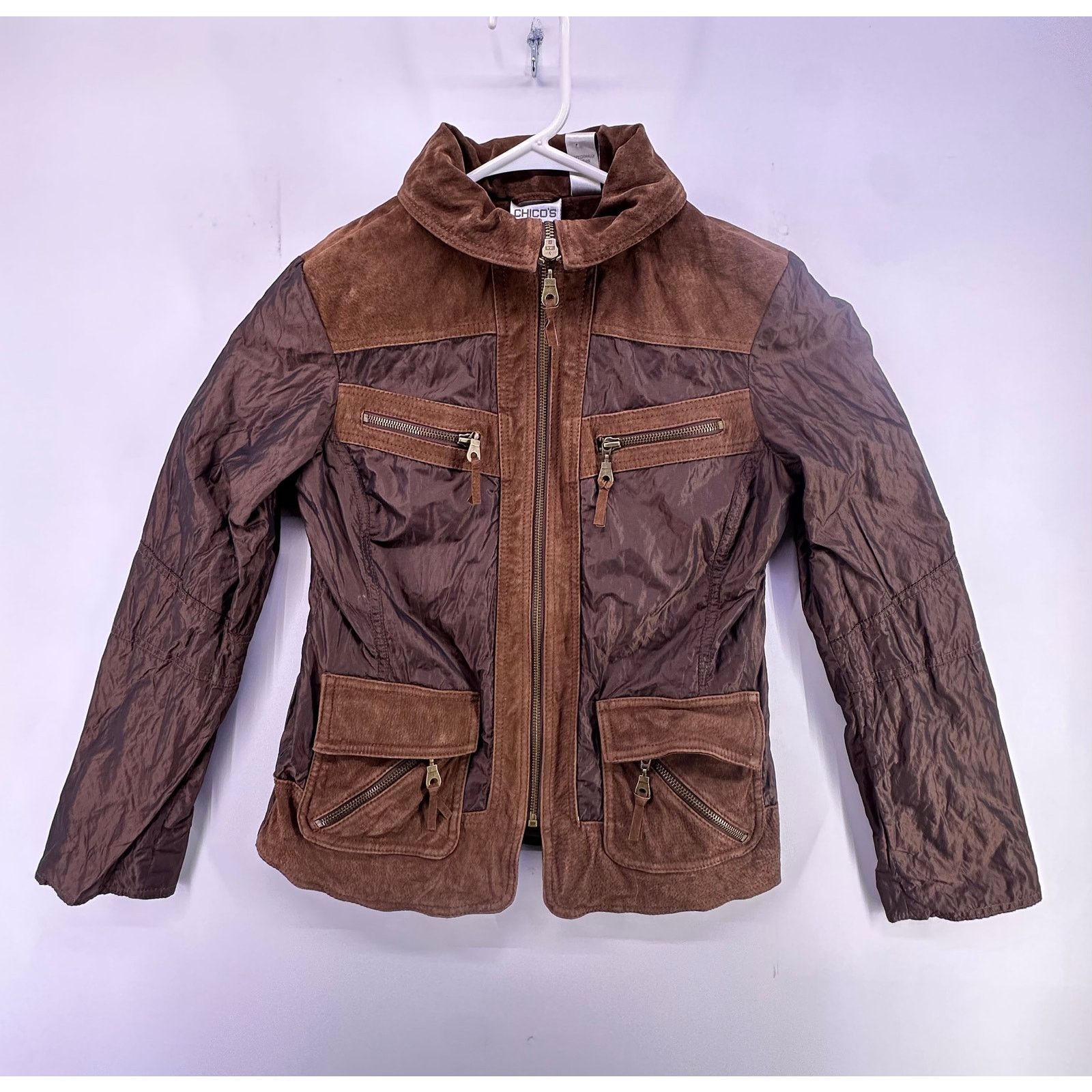& Other Stories Vintage Chicos Brown Leather Suede Trim Nylon Jacket Size 0 Size XS / US 0-2 / IT 36-38 - 1 Thumbnail