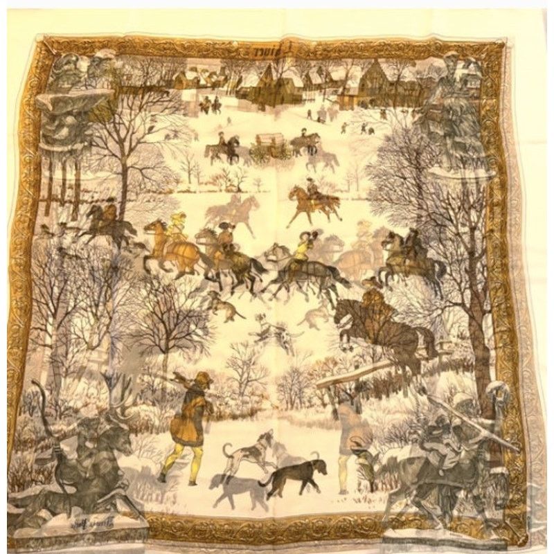 Hermes Hermes Rare Mirrored Image Hunt Scene Sheer Large Cape Shaw Size ONE SIZE - 1 Thumbnail