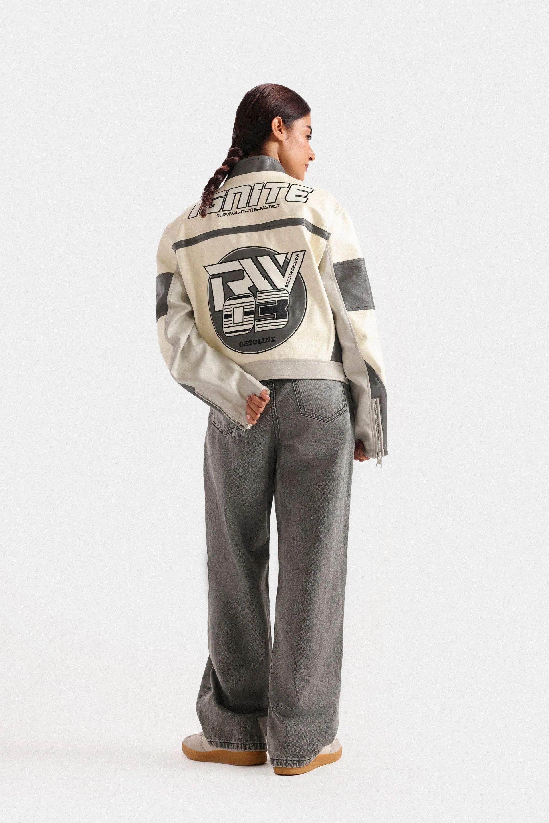 Other Cream Racing Faux Leather Jacket Women – Cropped Moto Jacket Size S / US 4 / IT 40 - 4 Thumbnail