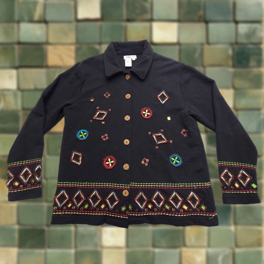 Coldwater Creek VINTAGE Coldwater Creek Button-Up Shirt Jacket Southwestern Geometric Beaded Embroidered Cotton Blend M Black Women Shirt/Jacket (Adult) M (Size) Size M / US 6-8 / IT 42-44 - 1 Thumbnail