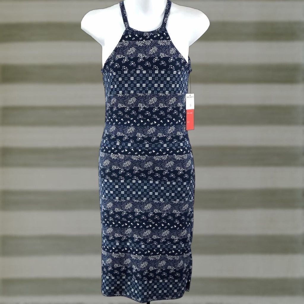 Vintage NWT Hot Kiss Tank Halter Dress S Blue Geo Sleeveless Hippie Beach Boho Dress Size S / US 4 / IT 40 - 1 Thumbnail
