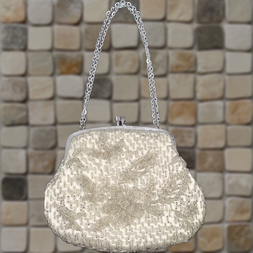 VINTAGE Fine Arts Bag White Beaded Evening Purse with Iridescent Beads Hong Kong Women