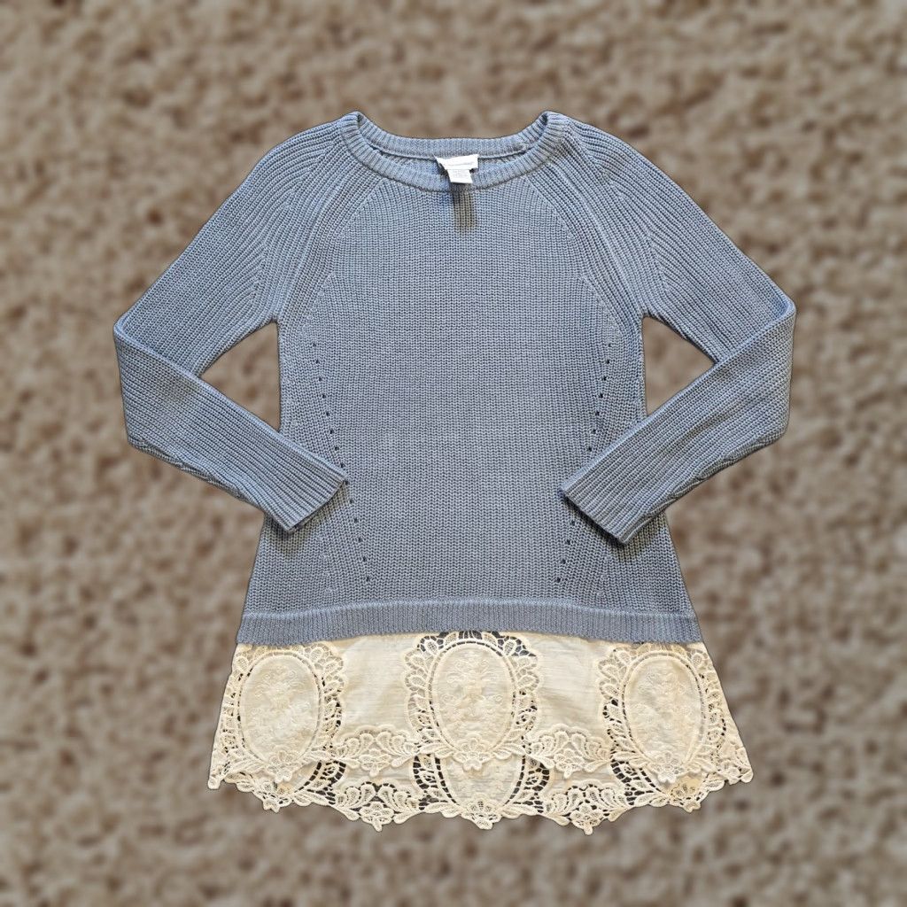 Soft Surroundings Soft Surroundings Sweater Womens Small Blue Chunky Knit Crochet Lace Hem Casual Shirt Size S / US 4 / IT 40 - 1 Thumbnail