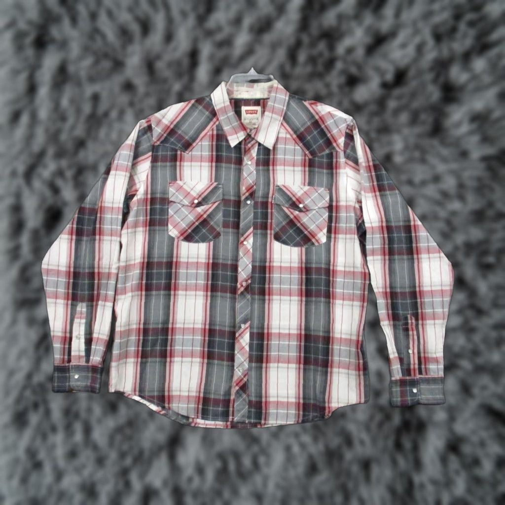 Levi's Levis Pearl Snap Shirt XL Mens Western Red White Plaid Pocket Long Sleeve Cotton Tee? Size US XL / EU 56 / 4 - 1 Thumbnail