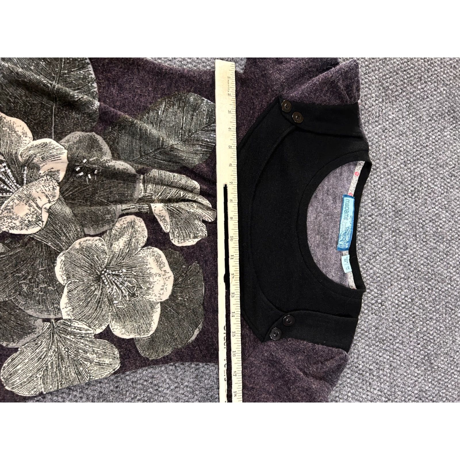 Vintage Madame A-Line Dress Womens M Short Black Floral Knit Stretch Puff Sleeve Crochet Crew Neck Pullover Casual Summer Spring Moderate Condition Good Size M / US 6-8 / IT 42-44 - 4 Thumbnail