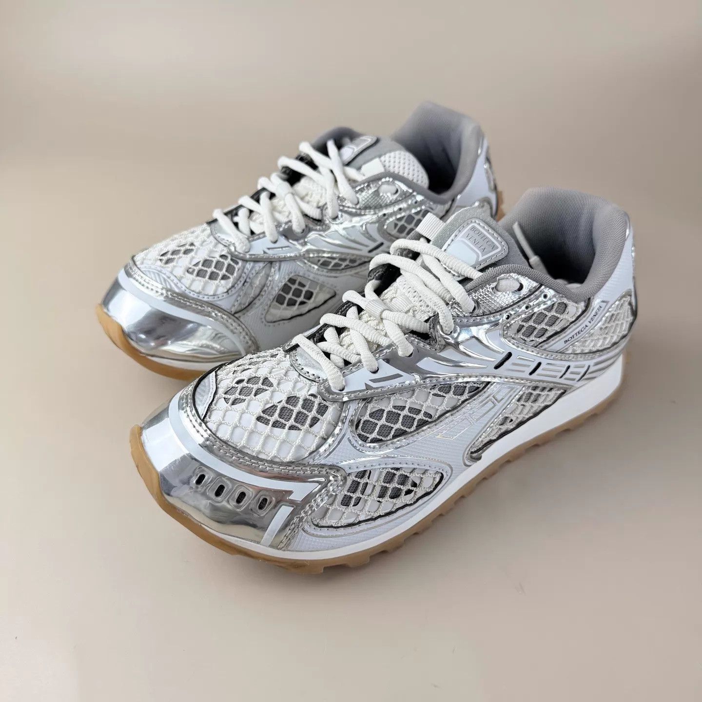 Bottega Veneta BV Orbit Silver/White Lace Sneakers EU 38 95 New Size US 7.5 / IT 37.5 - 1 Thumbnail