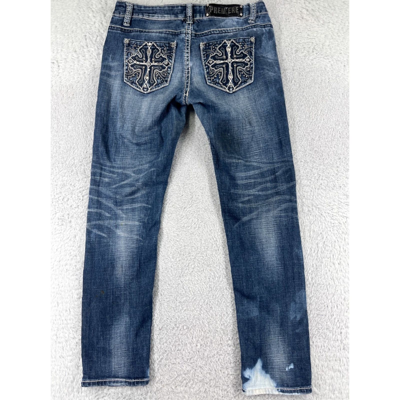 Vintage Premiere Jeans Women 7 Blue Denim Distressed Embroidered Rhinestone Studded 5-Pocket Straight Slim Jeans Fall Spring Summer Womens Size 28" / US 6 / IT 42 - 2 Thumbnail