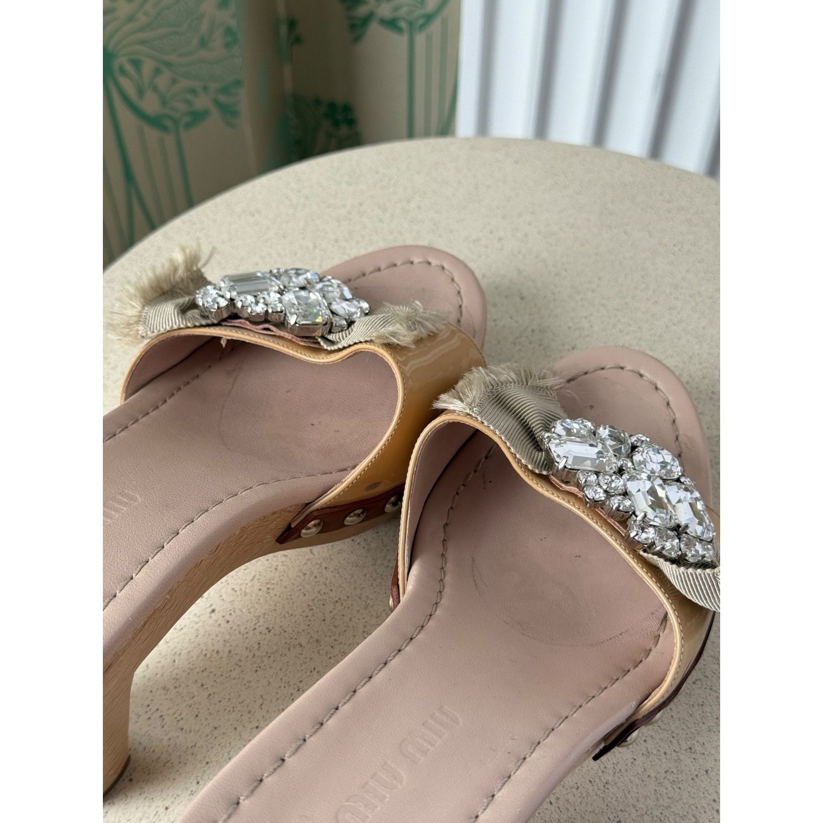 Miu Miu Miu Miu Beige Patent Leather Crystal Embellished Clogs Size US 6 / IT 36 - 7 Thumbnail