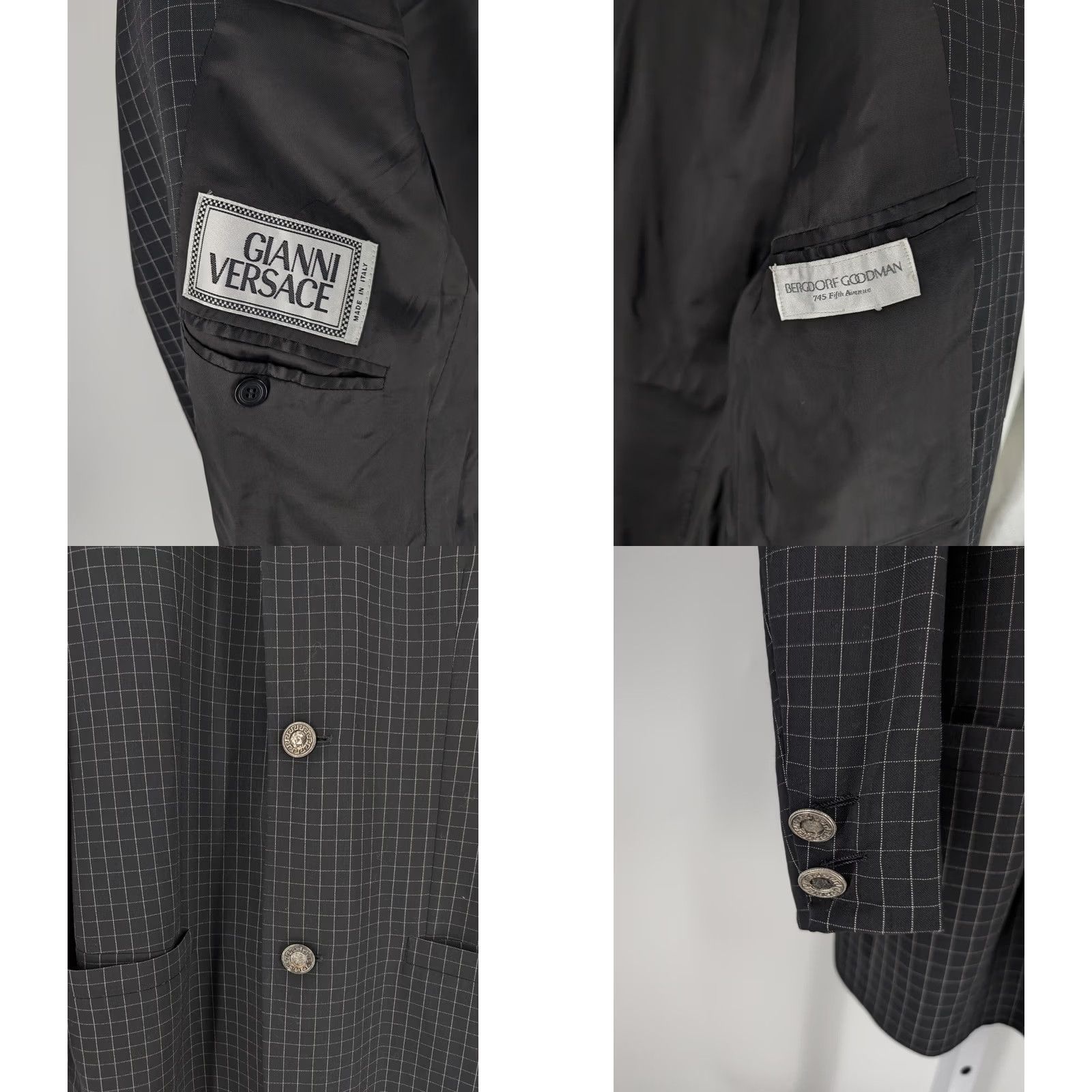 Versace VINTAGE Versace Blazer 90s Black Windowpane Three-Button Jacket Men S Regular 32" Length 40" Sz Pit to Pit 20" Size 36R - 8 Thumbnail