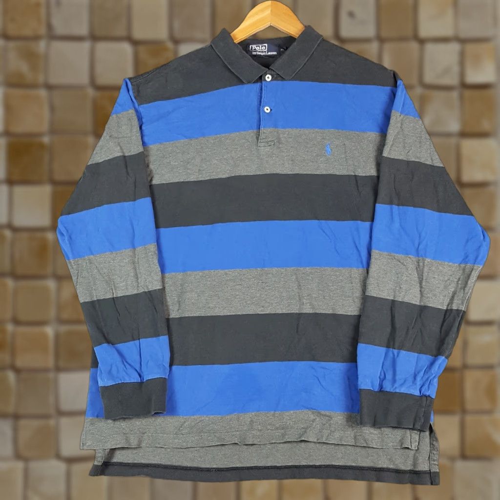 Polo Ralph Lauren VINTAGE Polo Ralph Lauren Polo Shirt XL Striped Blue 90s Grunge Skater Preppy Short Sleeve Classic Mens Size US XL / EU 56 / 4 - 1 Thumbnail