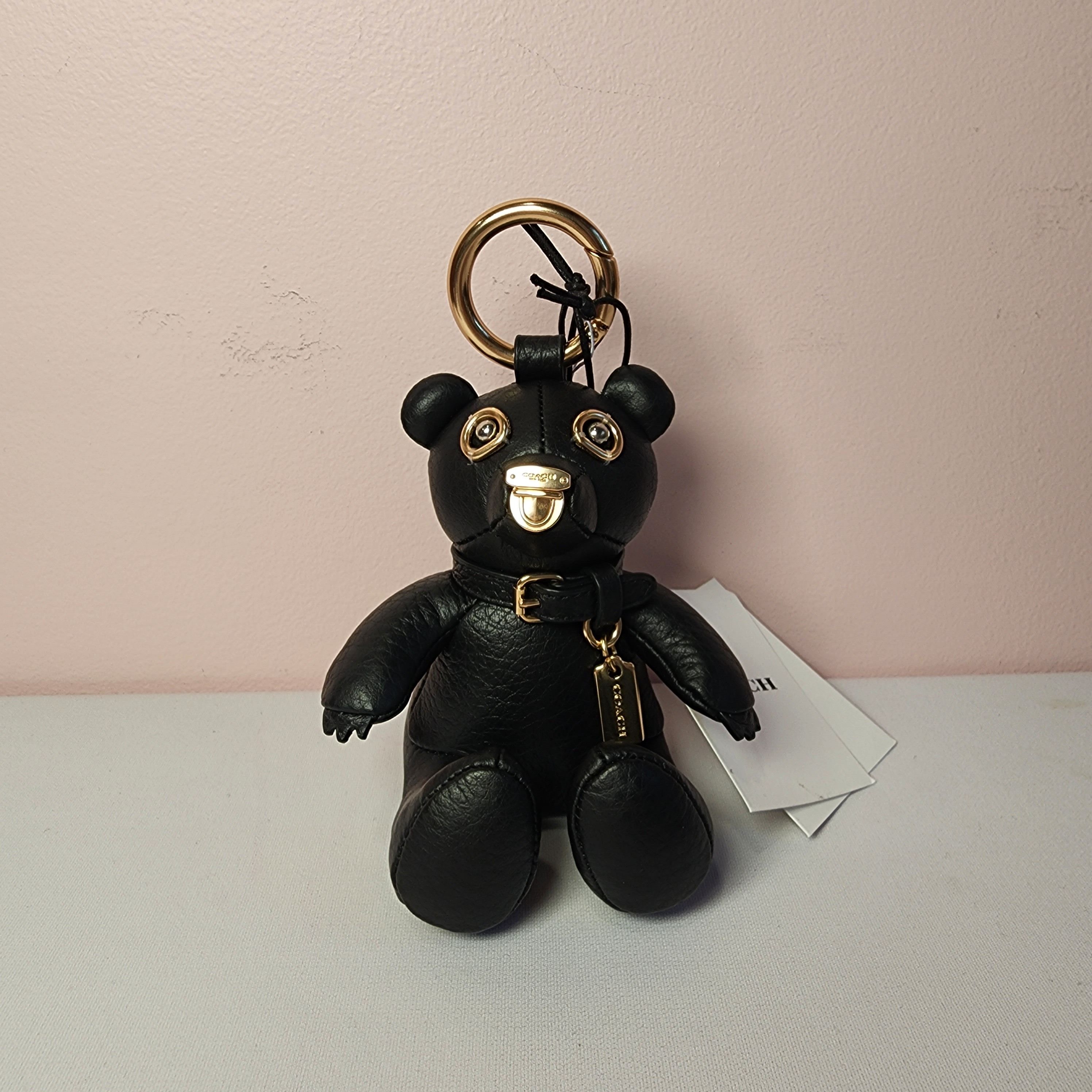 image of Cp369 Authentic Coach Bear Bag Charm Leather Gold/black, Women's