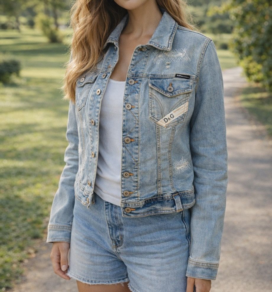 Dolce & Gabbana D&G Distressed Denim Jacket Light Wash Vintage Size XS / US 0-2 / IT 36-38 - 2 Thumbnail