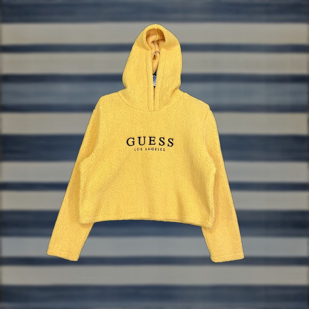 VINTAGE Guess Sherpa Hoodie Cropped Sweater Womens Large Yellow Furry 80s 90s City Hip Hop