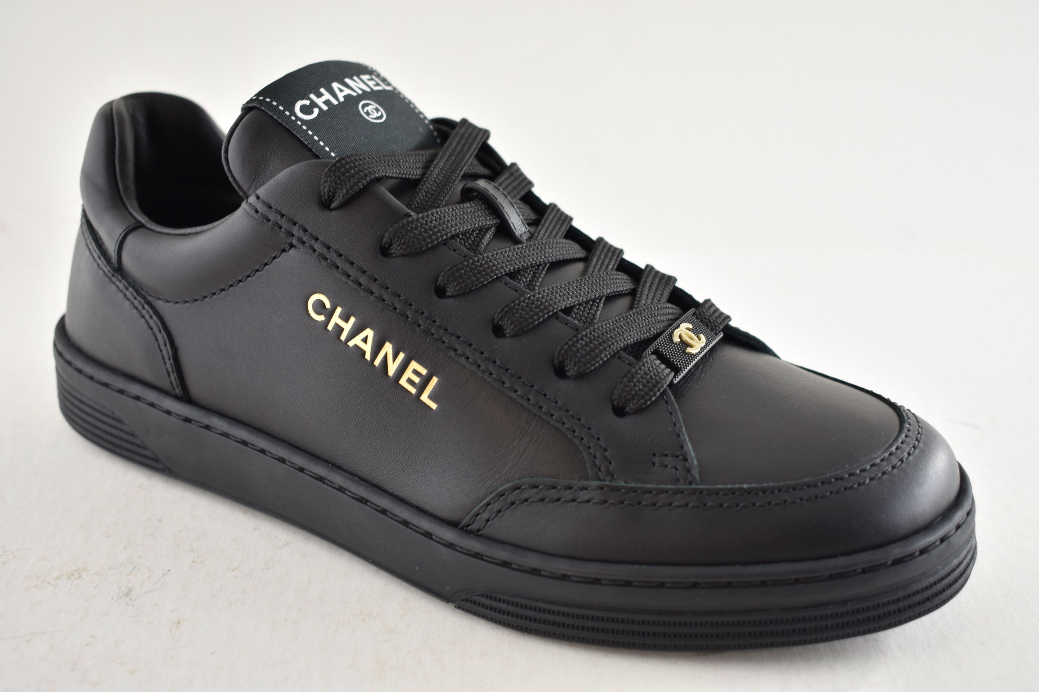 Chanel 23A Leather Gold CC Logo Flat Trainer Sneaker 37